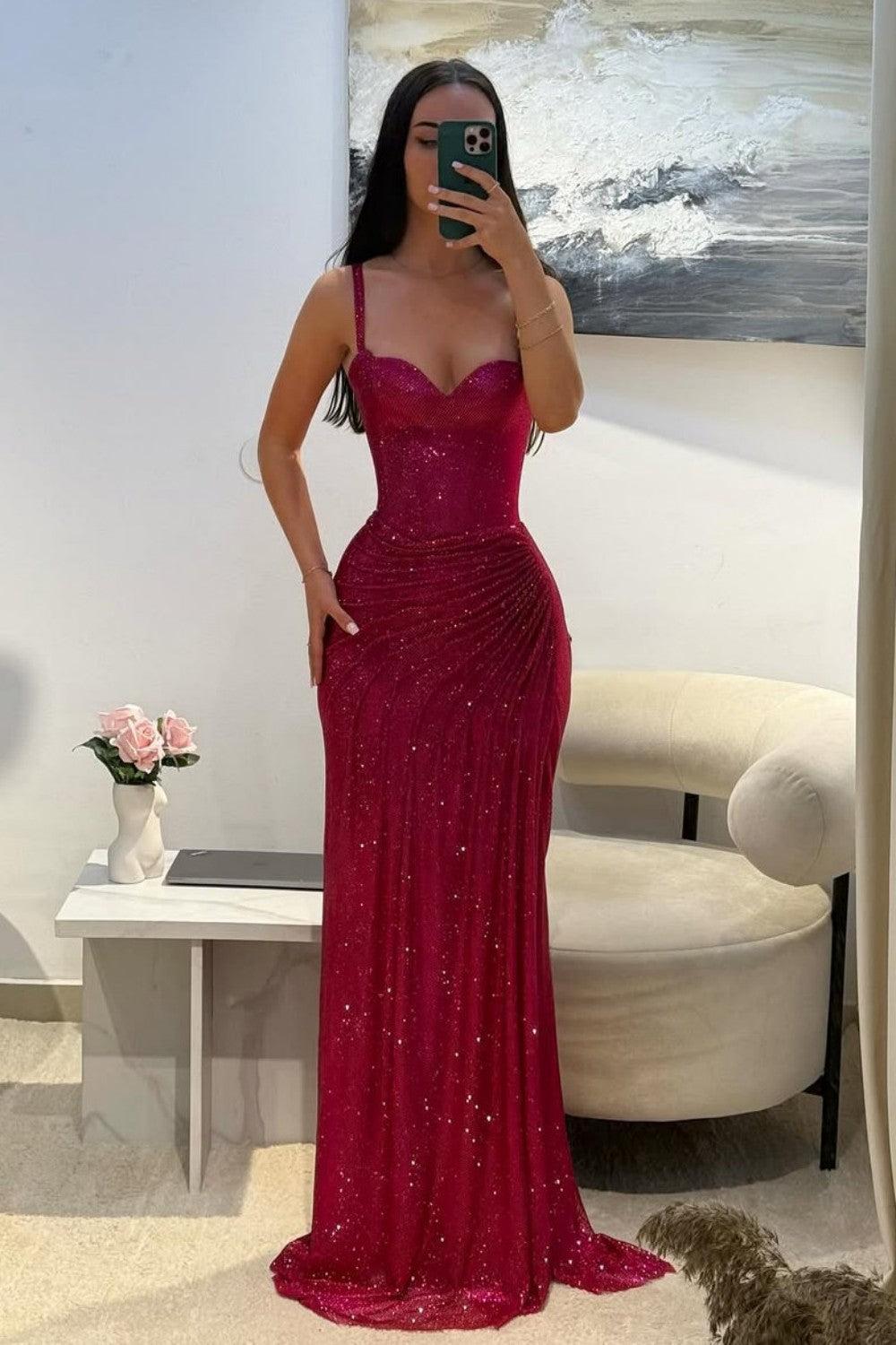 Suzhoufashion Dark Red Glitter Bodycon Homecoming Dress With Sweetheart Neck Spaghetti Straps Ruched Side Slit Formal Evening Gown