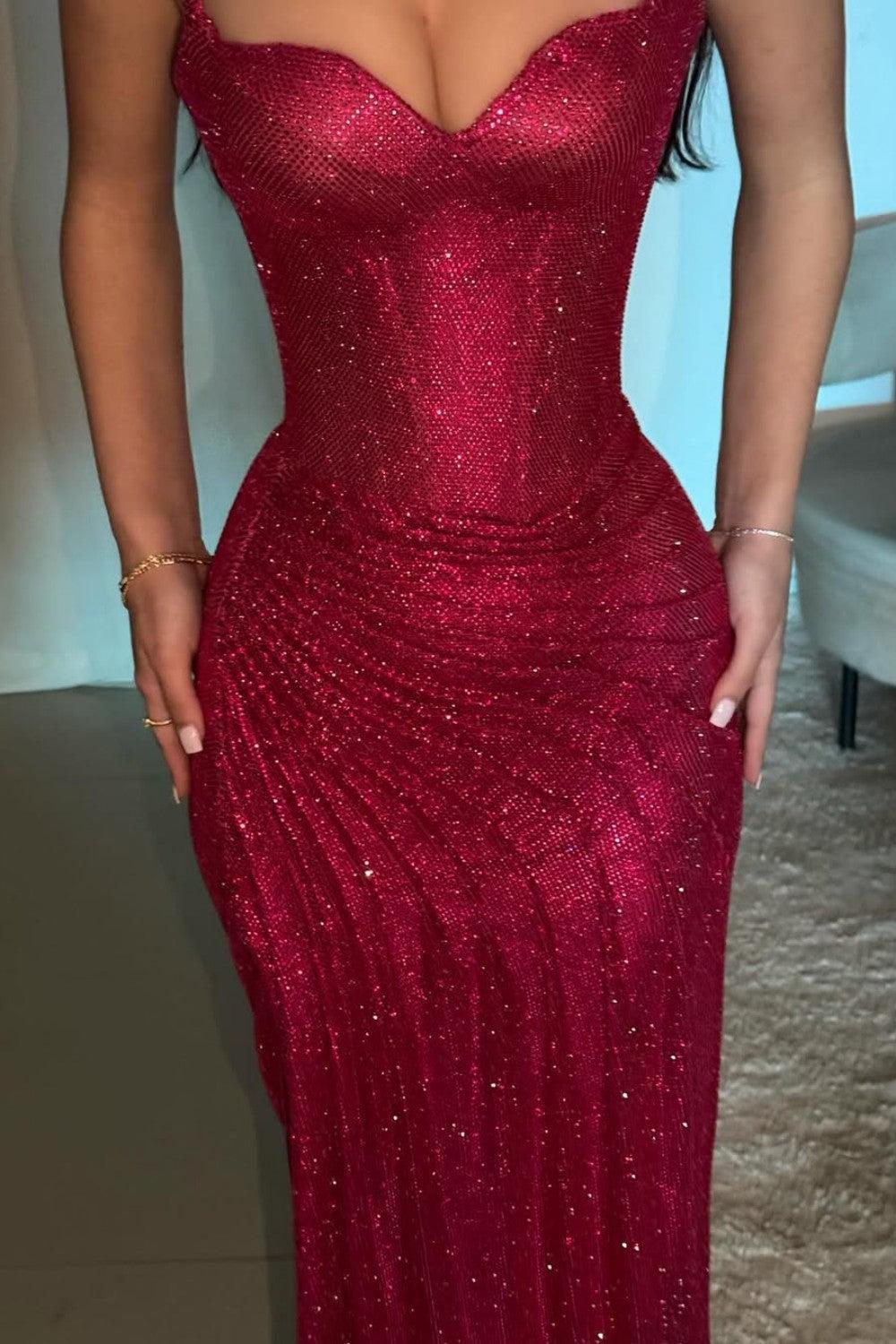 Suzhoufashion Dark Red Glitter Bodycon Homecoming Dress With Sweetheart Neck Spaghetti Straps Ruched Side Slit Formal Evening Gown