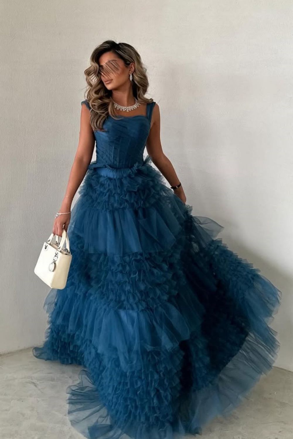 Dark Blue A-Line Straps Long Ruffle Tulle Formal Party Dress