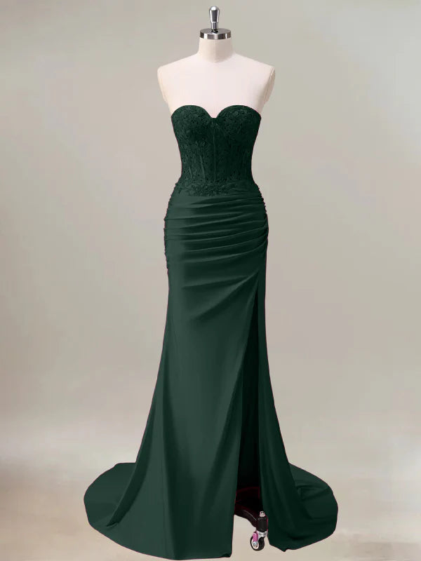 Dark Green Mermaid Strapless Ruched Corset Long Prom Dress With Slit - VelvetHem
