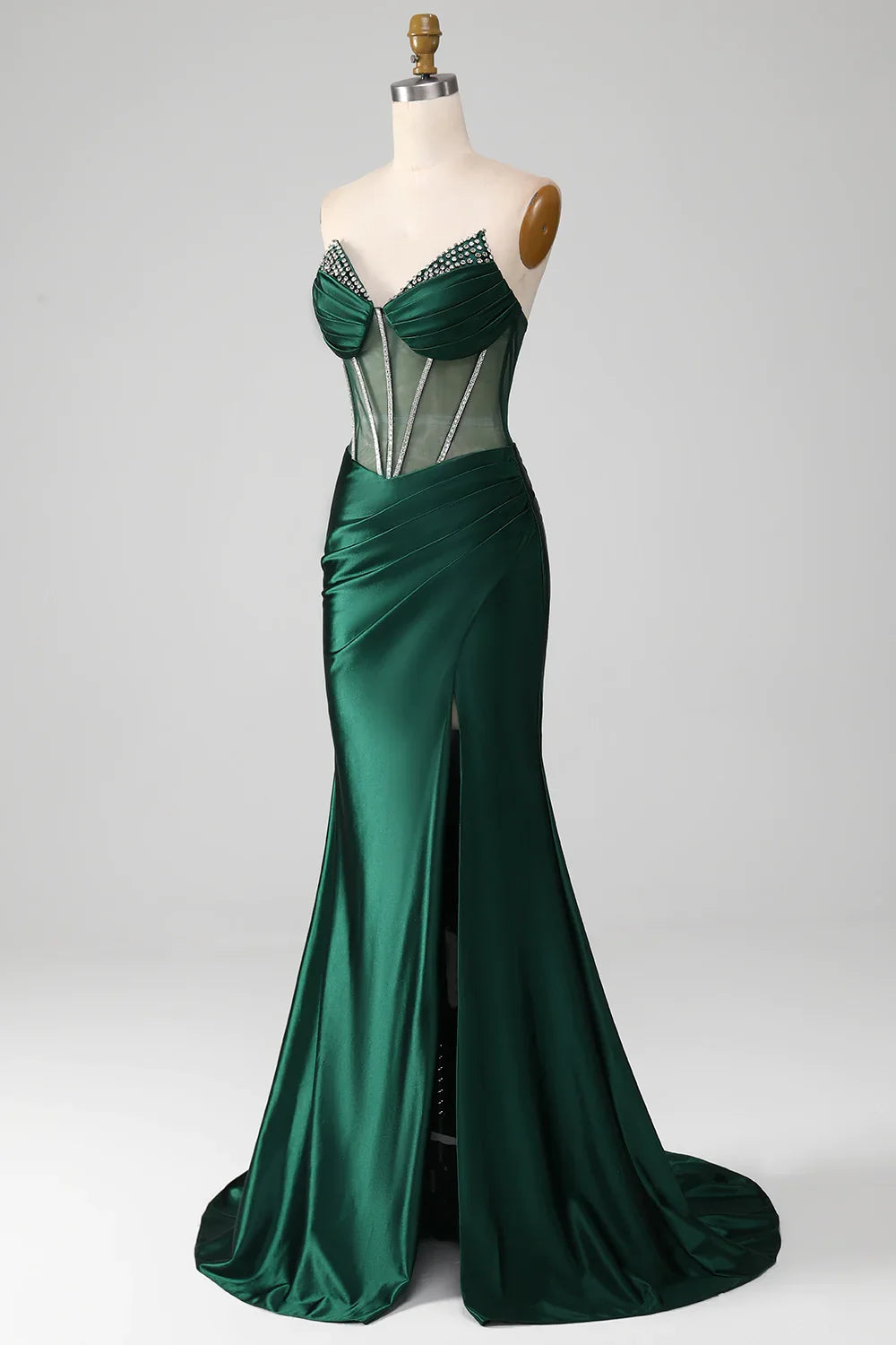 Dark Green Mermaid Strapless Long Corset Prom Dress with Beading - View 4 | VelvetHem