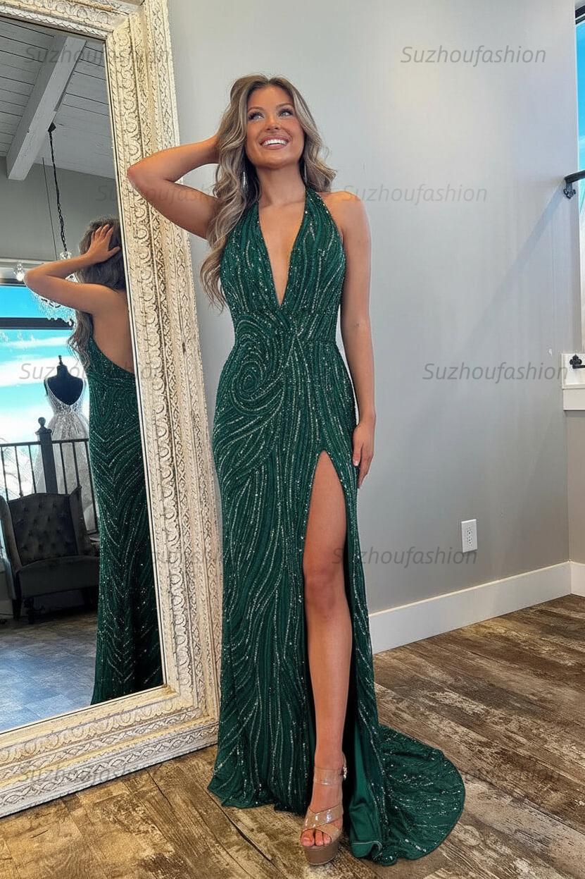 Halter Prom Dress Pink and Orange Mermaid Evening Dress with Slit