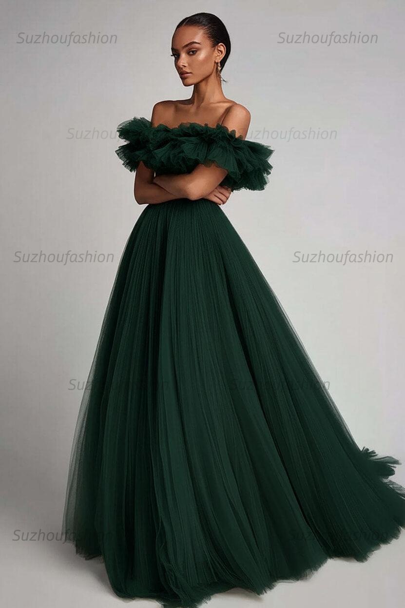 Dusty Sage Prom Dress Tulle A Line Long Formal Dress With Ruffles