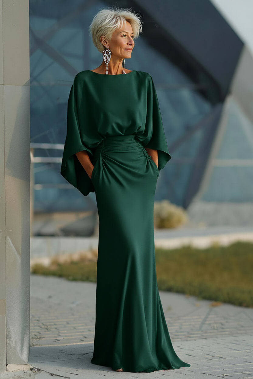 Navy Satin Mermaid Backless Long Mother Of The Bride Dress With Pockets