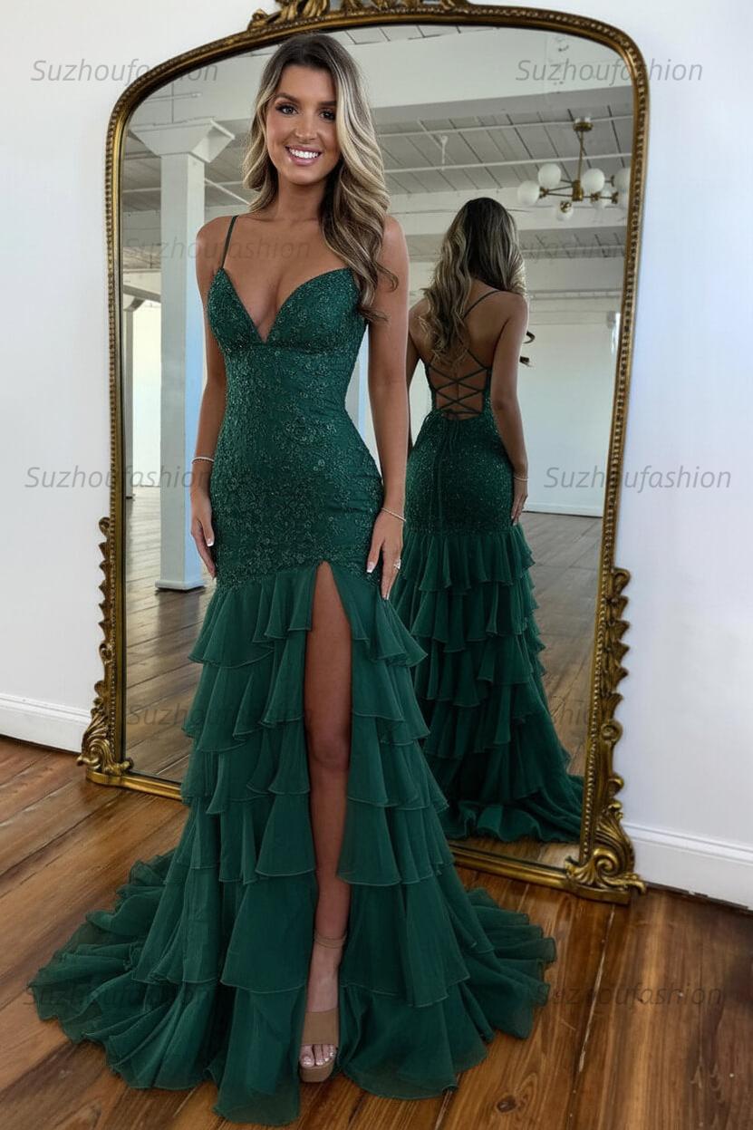 Suzhoufashion Mermaid Spaghetti Straps Lace Up Long Prom Dress With Ruffle Skirt Formal Evening Gown