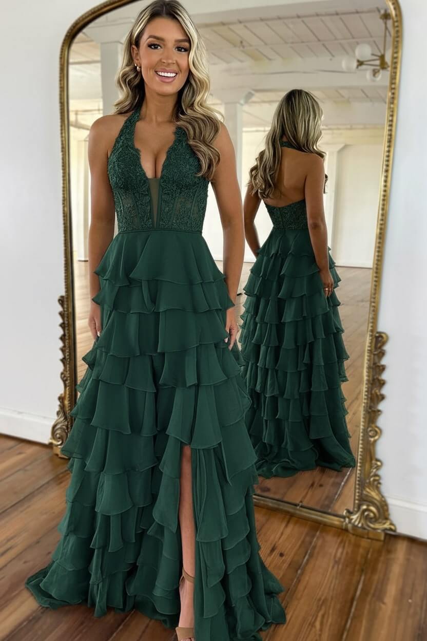 Sky Blue Prom Dress Ruffled Halter Corset Formal Dress With Slit