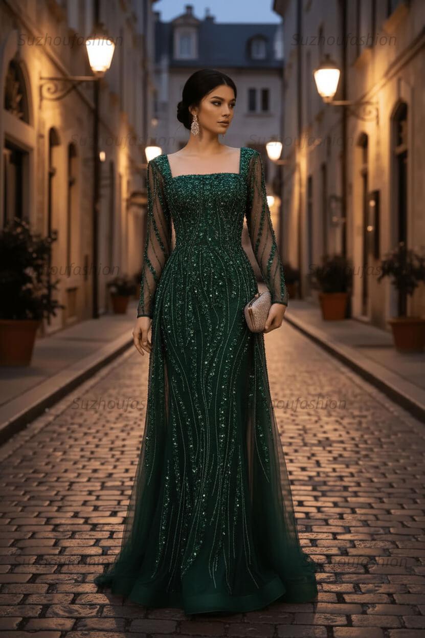 Square Neck Long Sleeves Long Mermaid Evening Formal Dress With Beading Tulle
