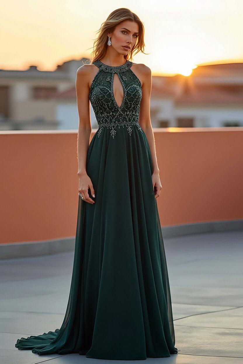 Beaded Navy Wedding Guest Dress Halter Long Formal Dress With Embroideries