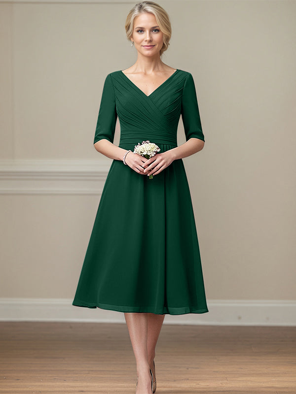 Dark Green A-line V-Neck Tea-Length Chiffon Mother of the Bride Dress With Pleated - VelvetHem