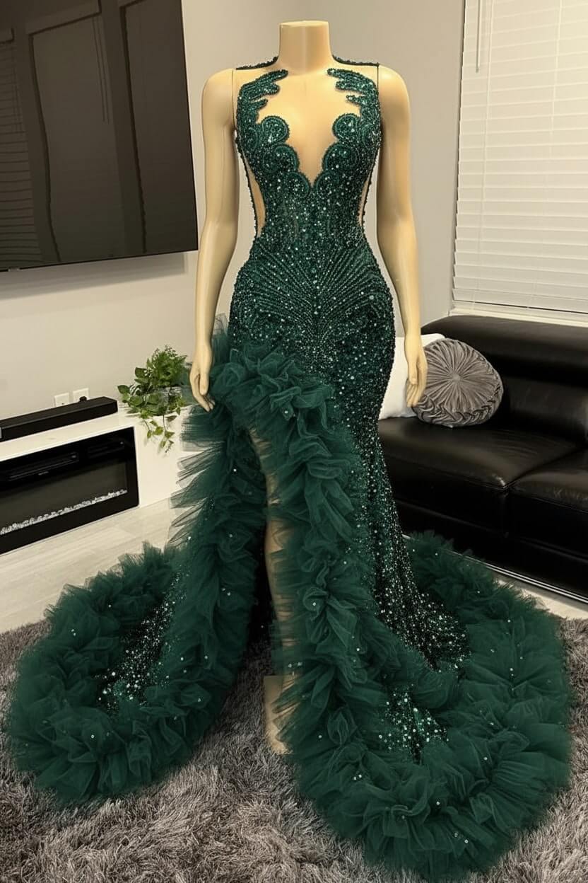 V-neck Prom Dress Orange Beaded Tulle Ruffles Sequin Formal Evening Party Dress