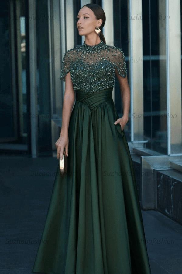 High Neck Short Sleeves Long Evening Formal Dress With Beading Pockets