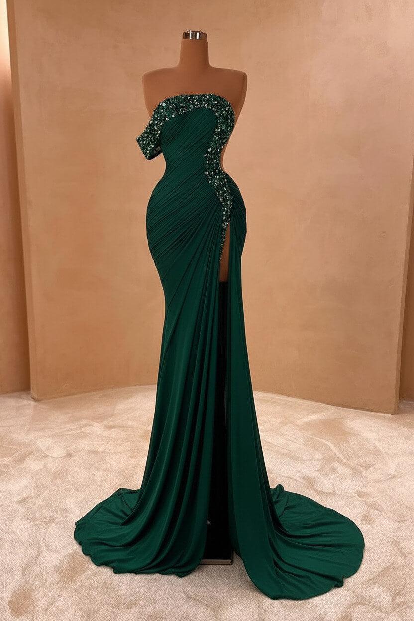 One Shoulder Sleeveless Long Split Evening Formal Dress With Pleated Sequined