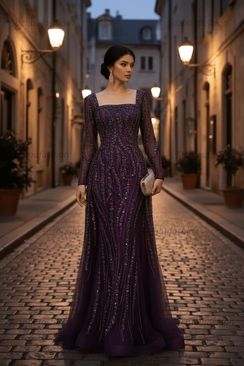 Square Neck Long Sleeves Long Mermaid Evening Formal Dress With Beading Tulle