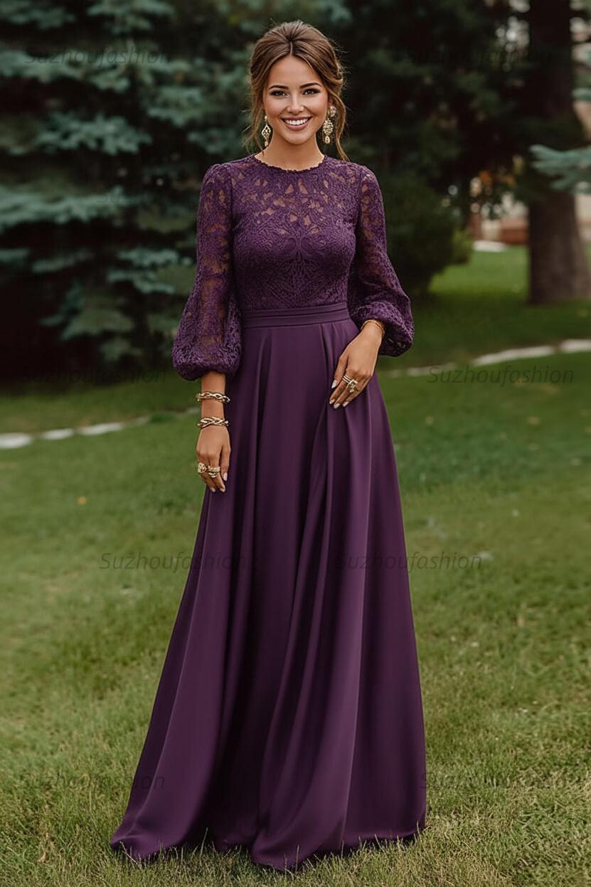 Lace Dusty Rose Puff Sleeves A Line Floor Length Mother Of The Bride Dress