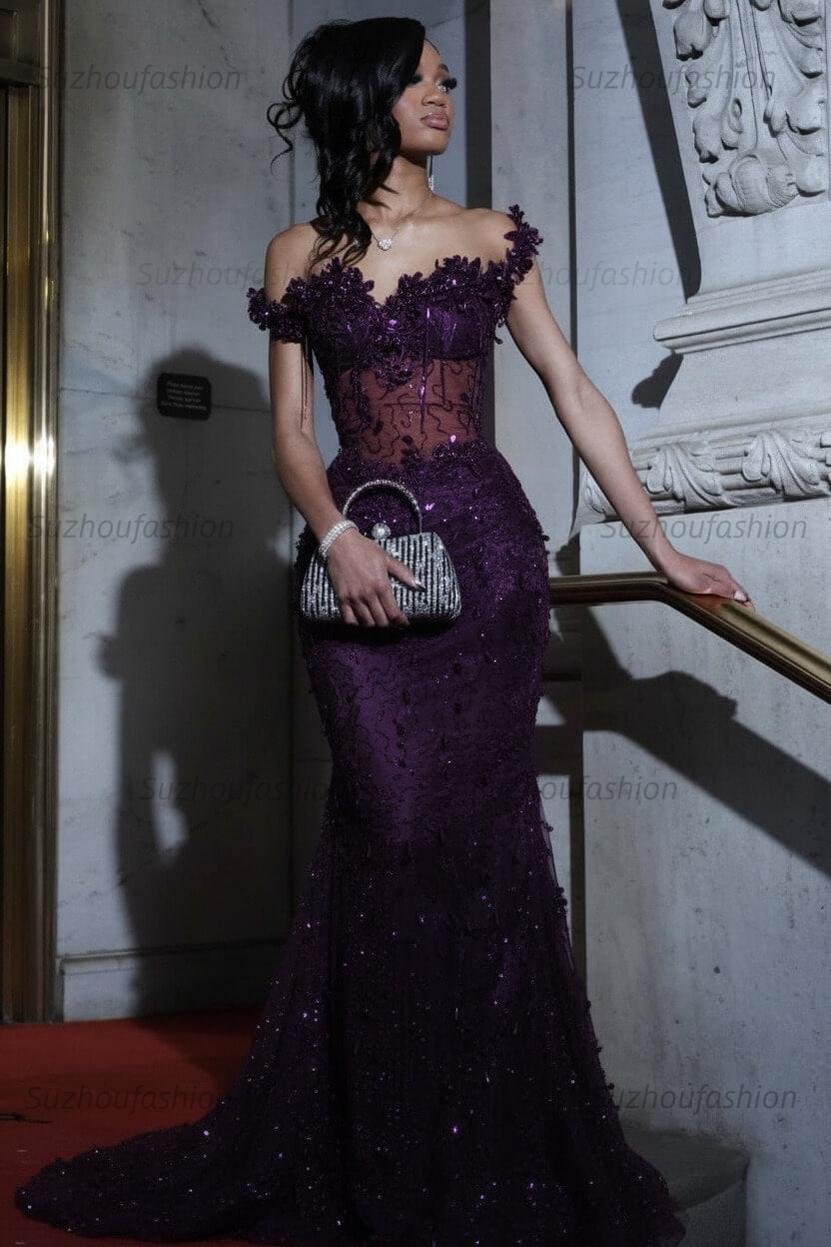 Black Off the Shoulder Prom Dress Mermaid Formal Evening Dress with Sequins and Beadings
