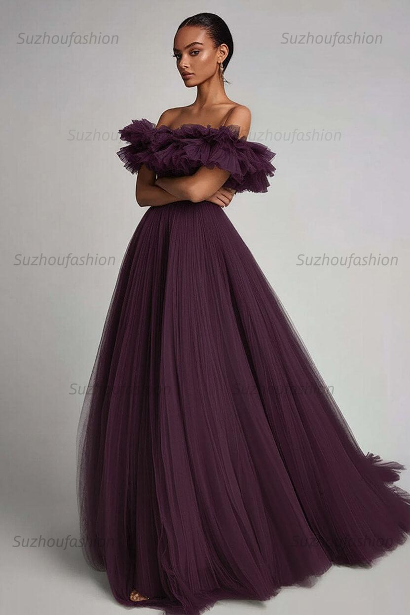 Dusty Sage Prom Dress Tulle A Line Long Formal Dress With Ruffles