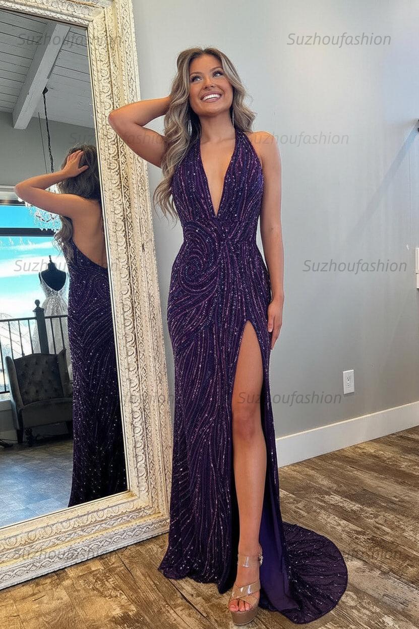 Halter Prom Dress Pink and Orange Mermaid Evening Dress with Slit