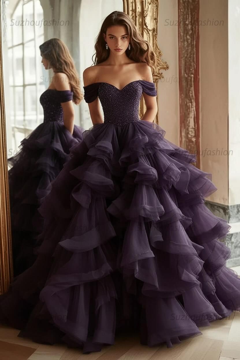 Pink Tiered Prom Dress Off the Shoulder A Line Formal Dress