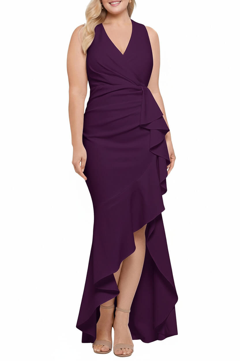V Neck Sleeveless Plus Size Long Sheath Column Mother of the Bride Dress with Ruffles
