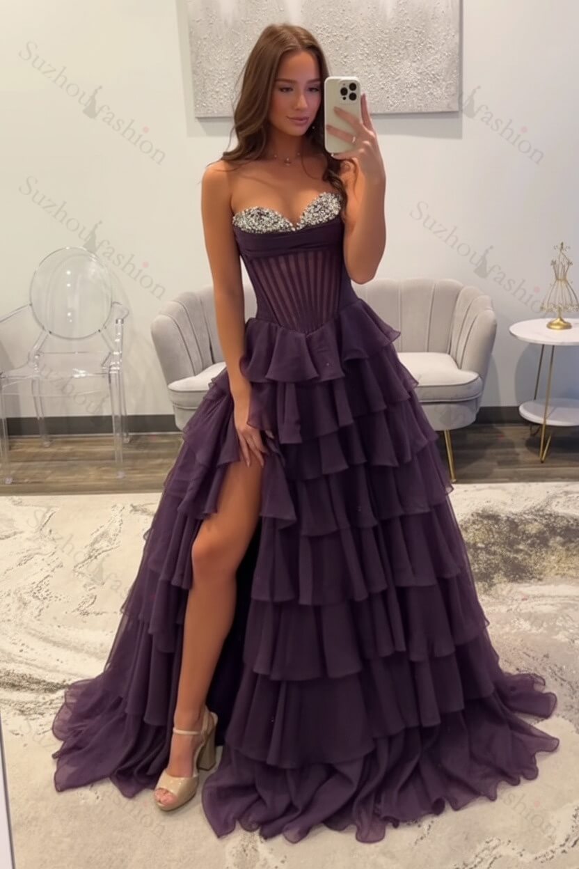 Ruffled Black Prom Dress A Line Corset Long Formal Dress With Beadings