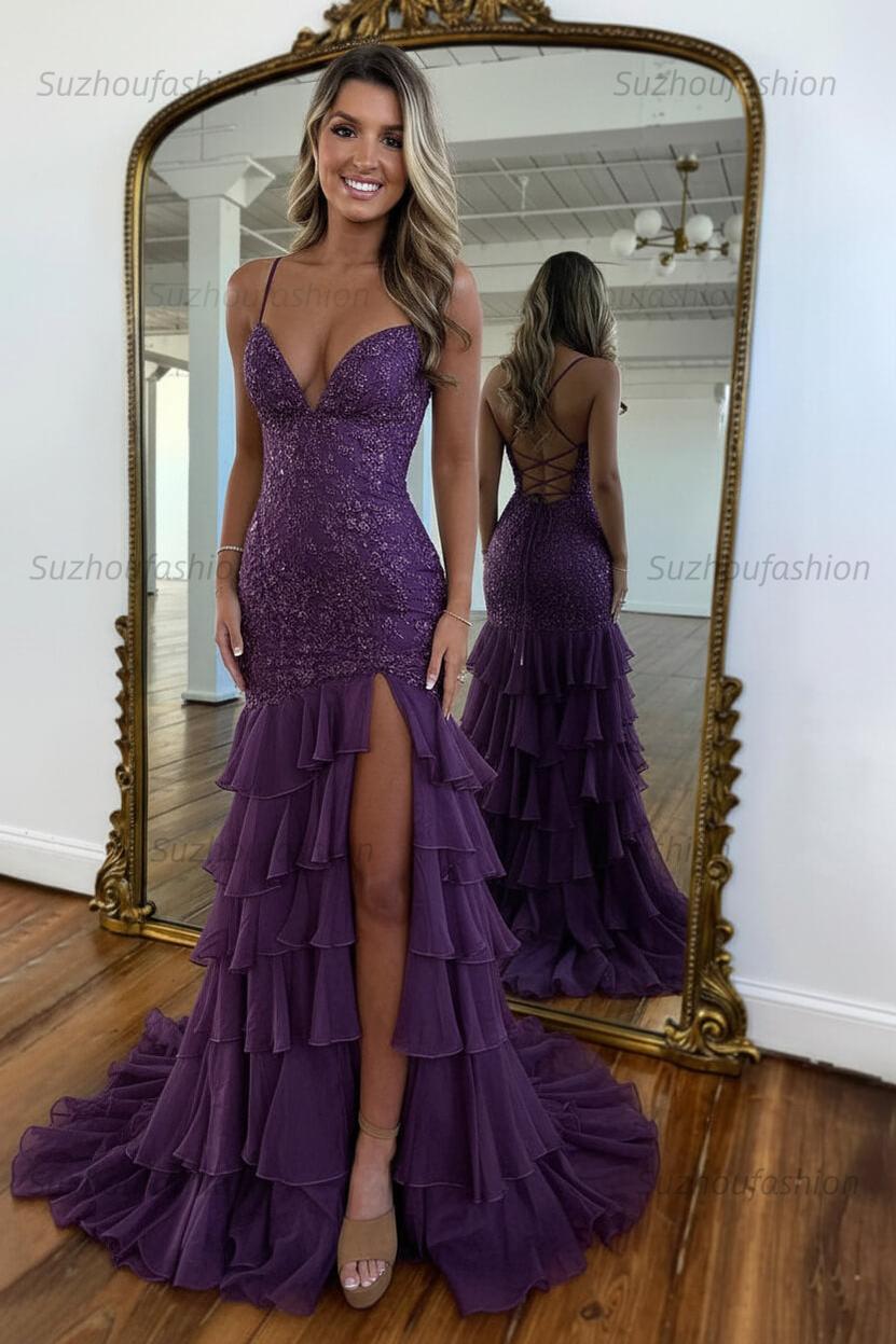 Suzhoufashion Mermaid Spaghetti Straps Lace Up Long Prom Dress With Ruffle Skirt Formal Evening Gown