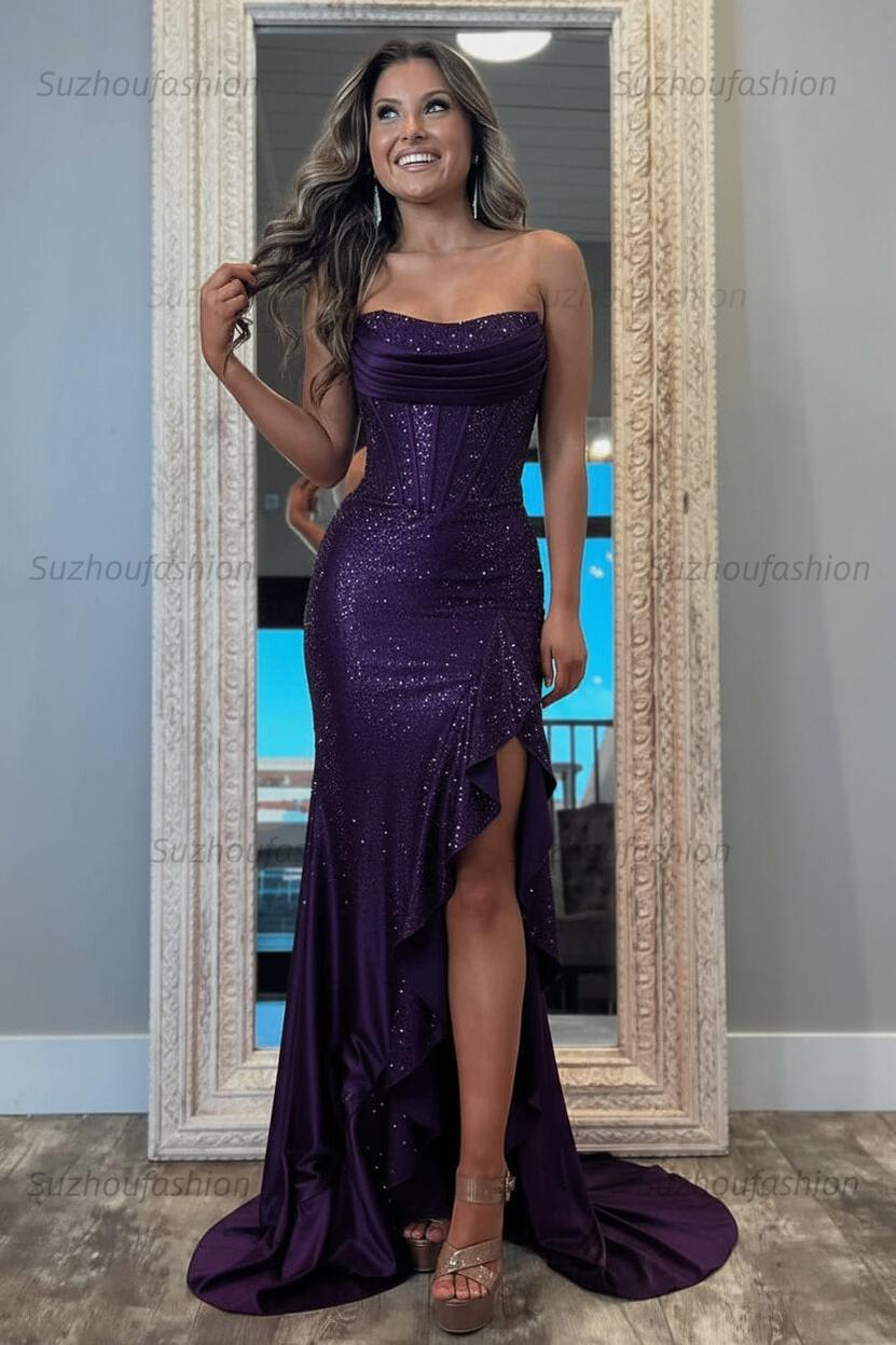 Hot Pink Beaded Prom Dress Corset Ruffled Strapless Formal Dress With Slit