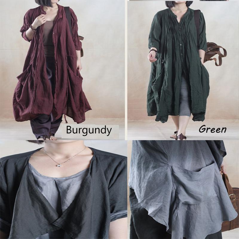 Dark Green Oversize Summer Linen Cardign Coat Long Women Coat Linen Sundress