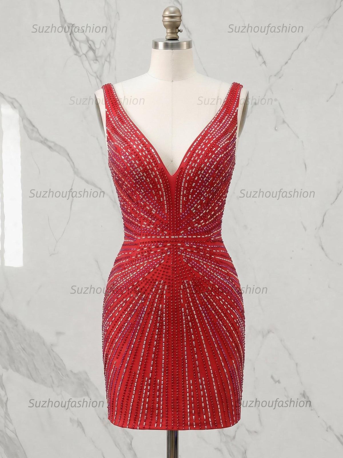 Suzhoufashion Deep V-Neck Allover Rhinestone Starburst Bodycon Homecoming Dresses Mini Cocktail Dress