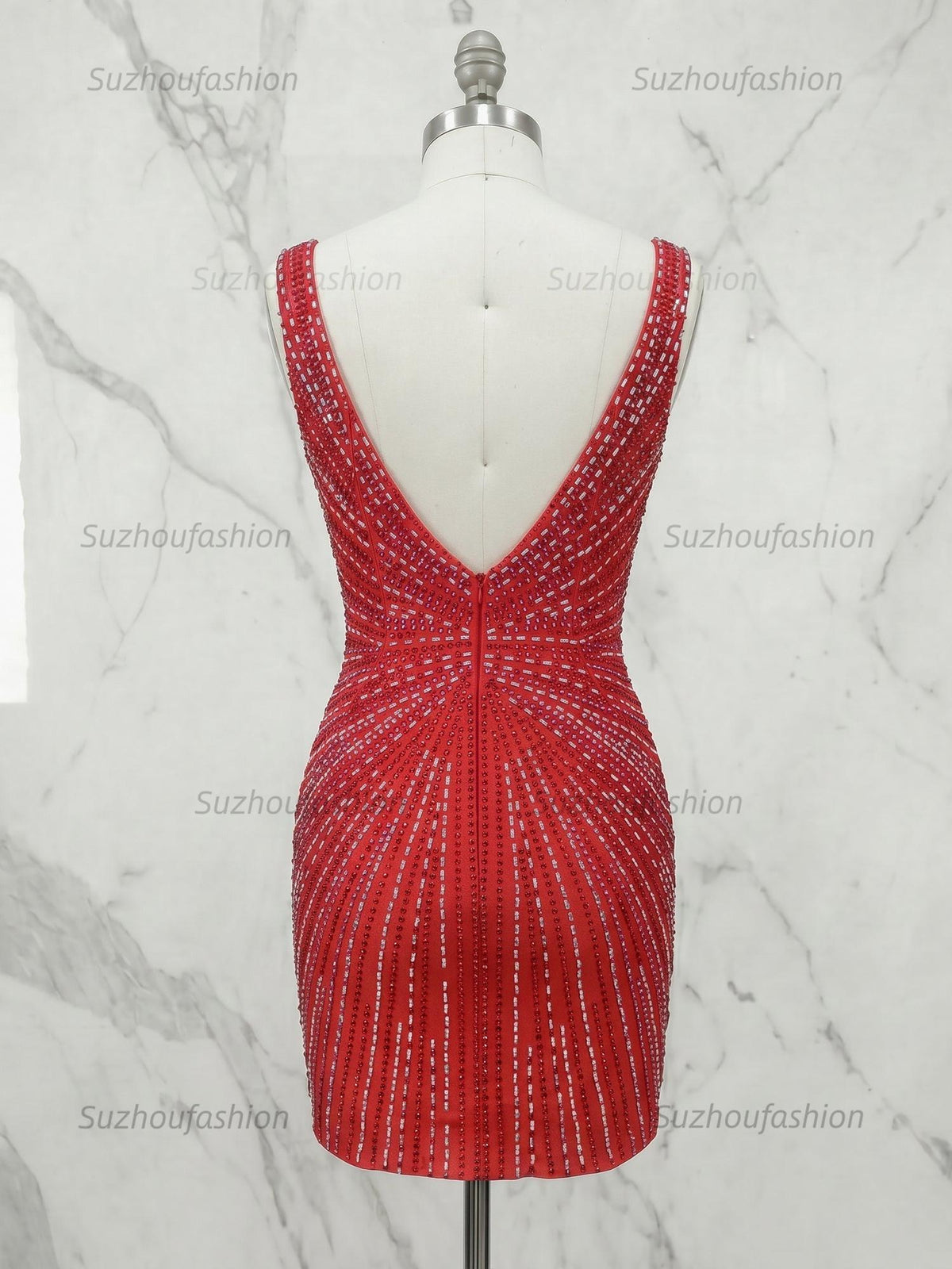 Suzhoufashion Deep V-Neck Allover Rhinestone Starburst Bodycon Homecoming Dresses Mini Cocktail Dress