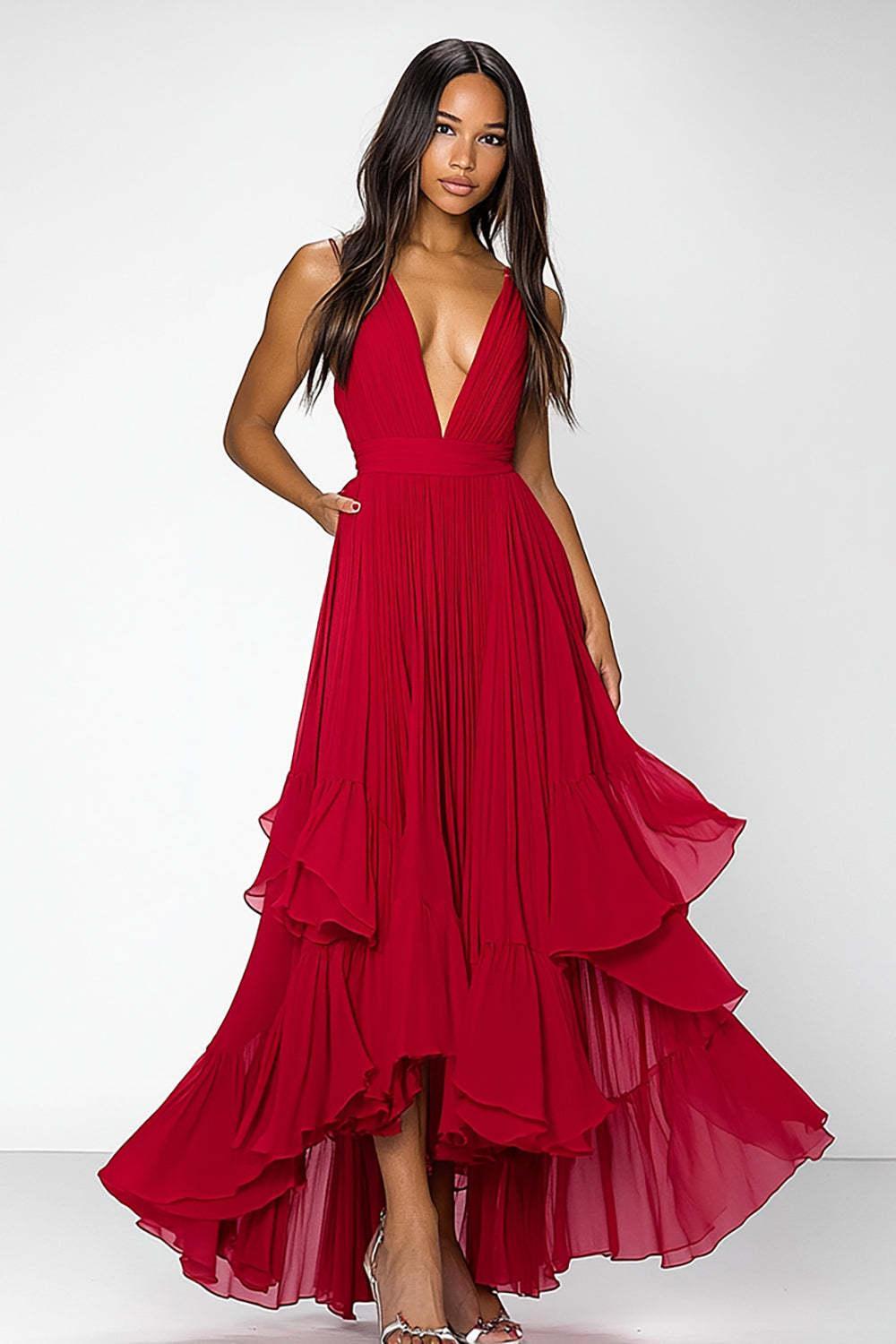 Deep V-Neck Chiffon A Line Red Wedding Guest Dress Long Formal Dress
