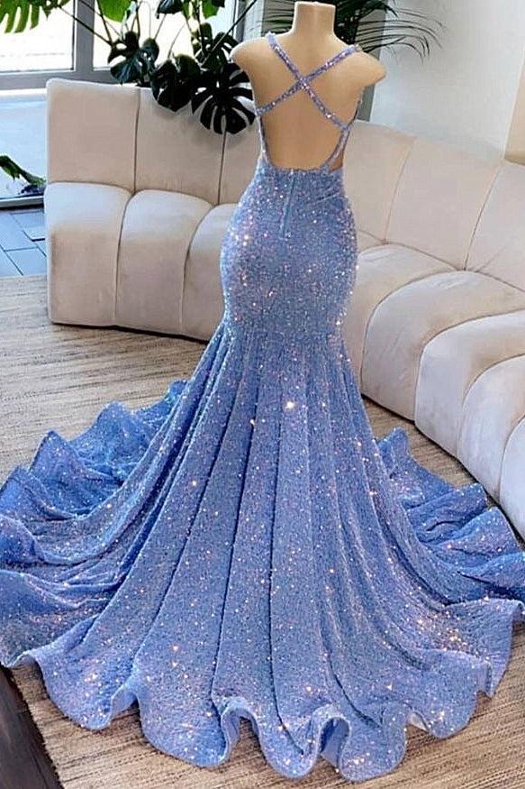 Deep V-Neck Mermaid Sequins Backless Formal Dresses
