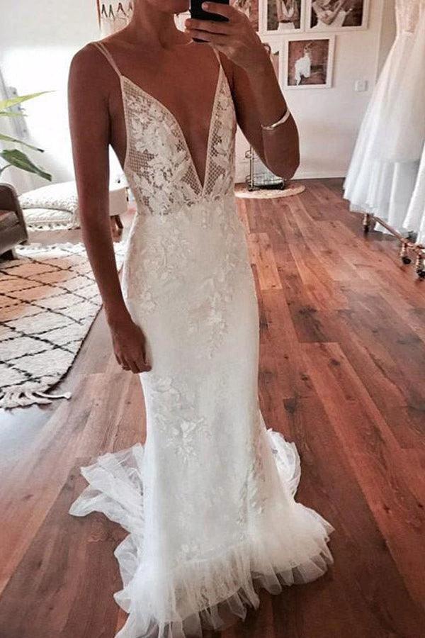 Deep V-Neck Mermaid Ivory Backless Lace Wedding Dress (ZD16197) - VelvetHem