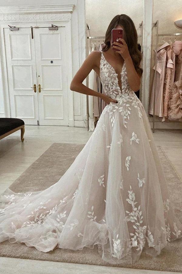 Deep V Neck Lace Wedding Dresses Romantic Bridal Gown With Train (ZD16211) - VelvetHem