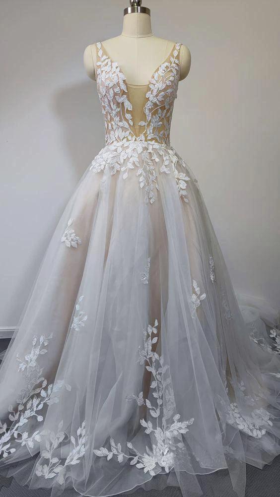 Deep V Neck Lace Wedding Dresses Romantic Bridal Gown With Train (ZD16211)