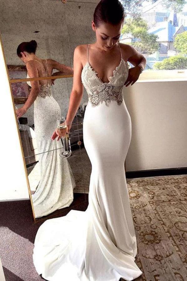 Deep V Neck Mermaid Spaghetti Straps Backless Wedding Dress (ZD16218) - VelvetHem