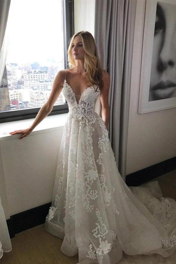 Deep V Neck Spaghetti Straps Beach Wedding Dress Bridal Gown (ZD16242)