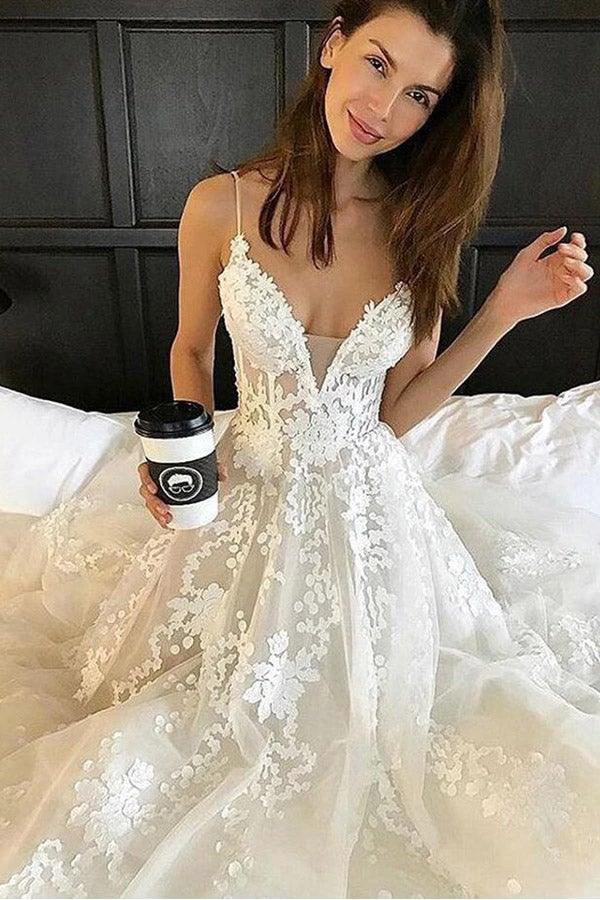 Deep V Neck Spaghetti Straps Beach Wedding Dress Bridal Gown (ZD16242)