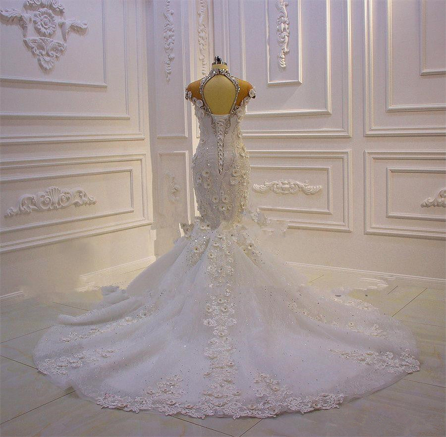 Delicate Beading Appliques Mermaid Bridal Gowns | Sheer Tulle Sparkling Wedding Dresses