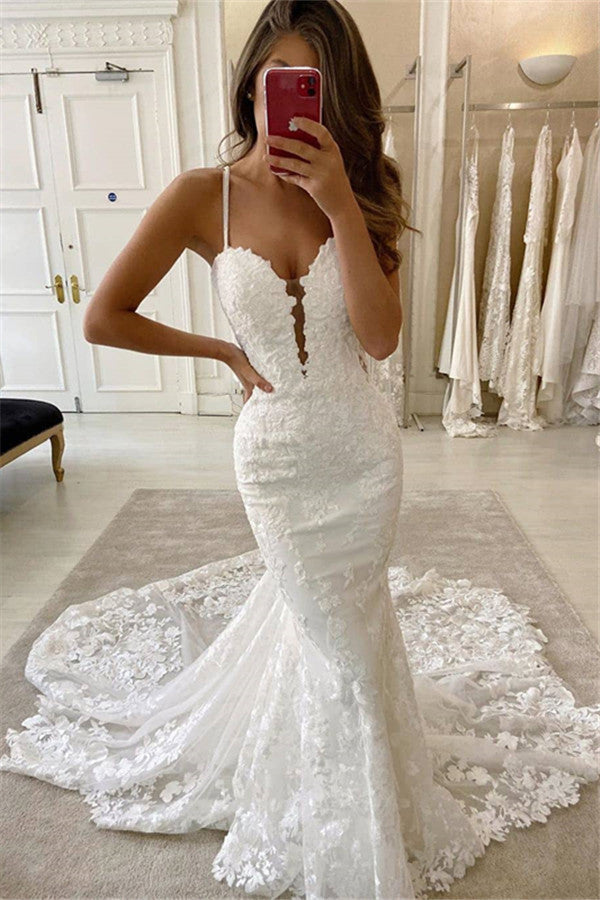 Delicate Lace Appliques Mermaid Beach Wedding Dresses | Spaghetti Straps Sleeveless Bridal Gowns