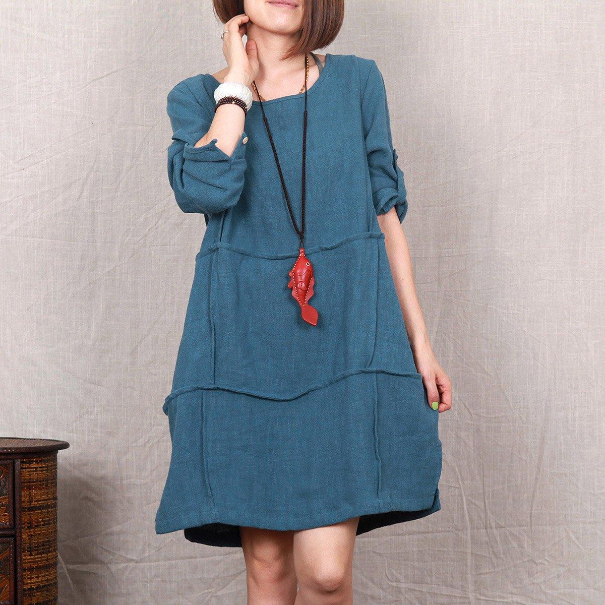 Denium blue linen summer dress loose causal linen shift sundress