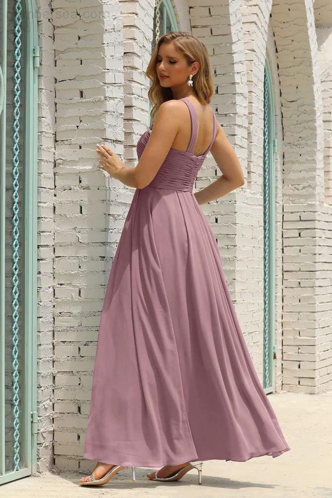ZapDress Women Halter Chiffon Bridesmaid Dress A-line Long Formal Prom Gown (ZD17050)