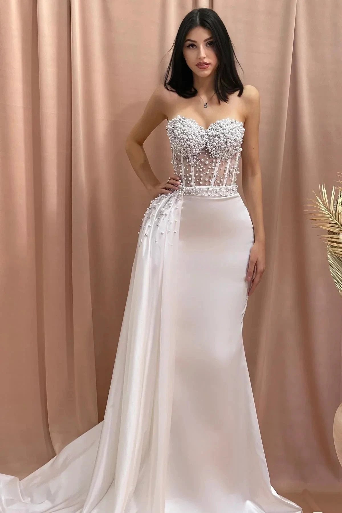 Designer Column Sweetheart Sleeveless Beading Tulle Satin Wedding Dress (ZD15555) - VelvetHem