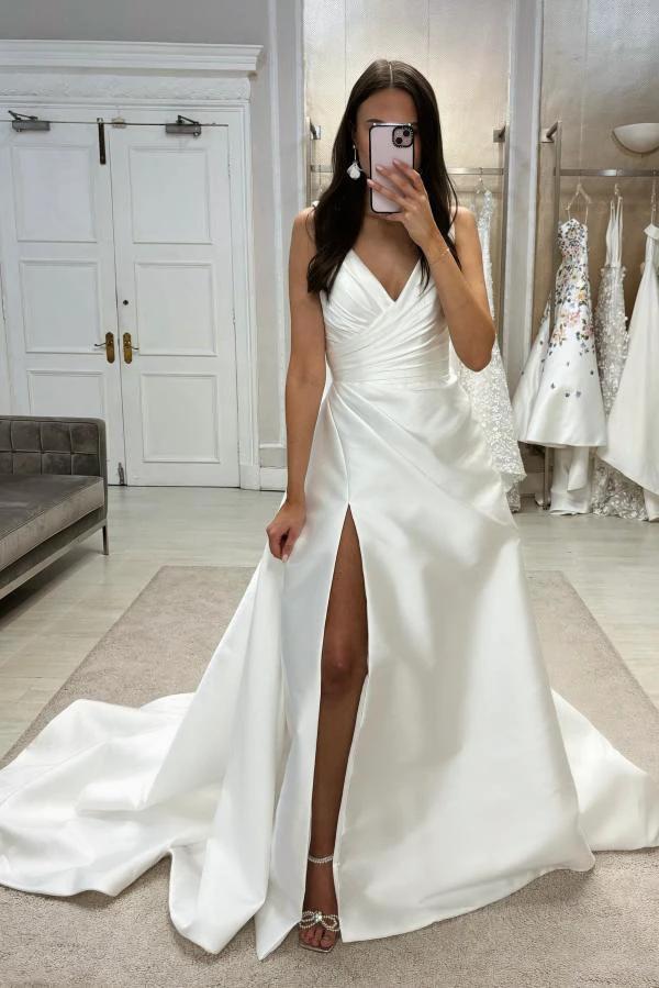 Designer Long A-Line V-neck Simple Satin Sleeveless Wedding Dress With Slit (ZD15642) - VelvetHem