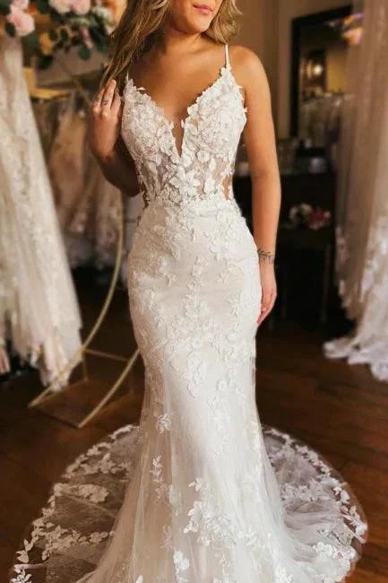 Designer Long Mermaid Spaghetti Straps V-neck Backless Wedding Dress (ZD15600) - VelvetHem