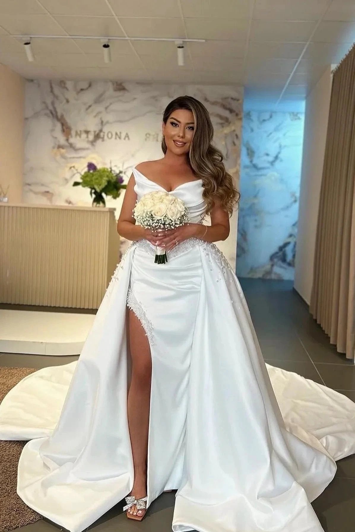 Designer Long White A-line Wedding Dress Hight Split Sleeveless V-neck Satin Bridal Gowns (ZD15638) - VelvetHem