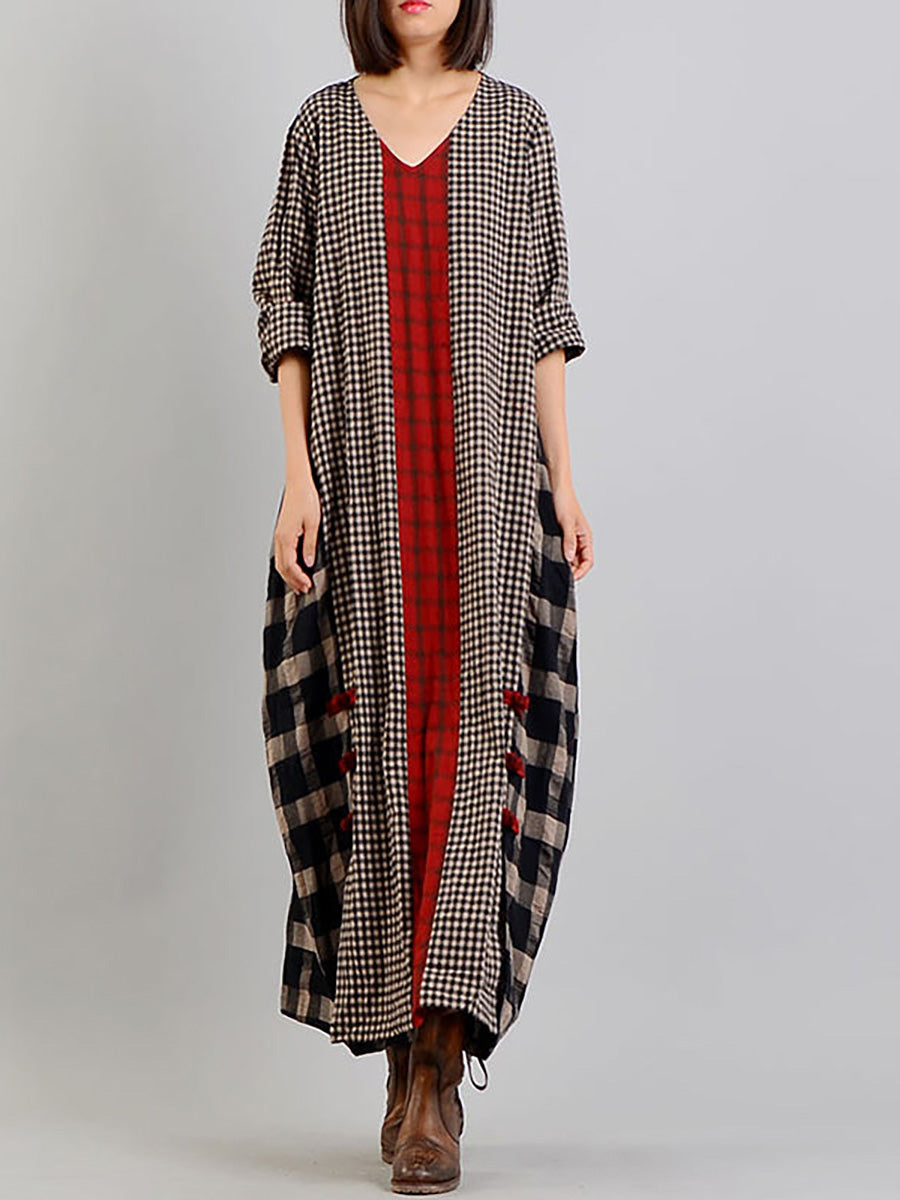 Plus Size Plaid V Neck Retro Cotton Linen Dress - Omychic