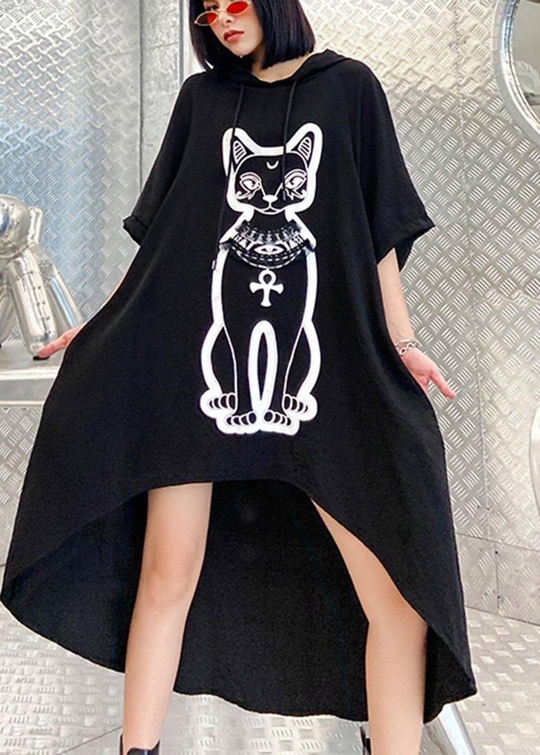 Diy Black Print Low High Design Hooded Ankle Dress Summer