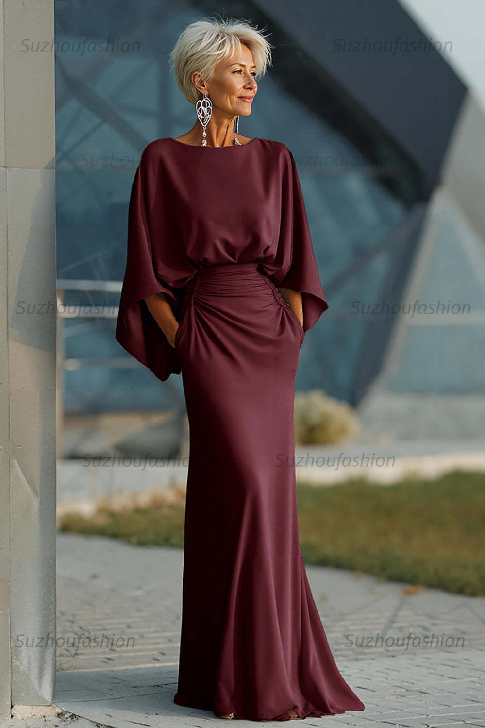 Navy Satin Mermaid Backless Long Mother Of The Bride Dress With Pockets