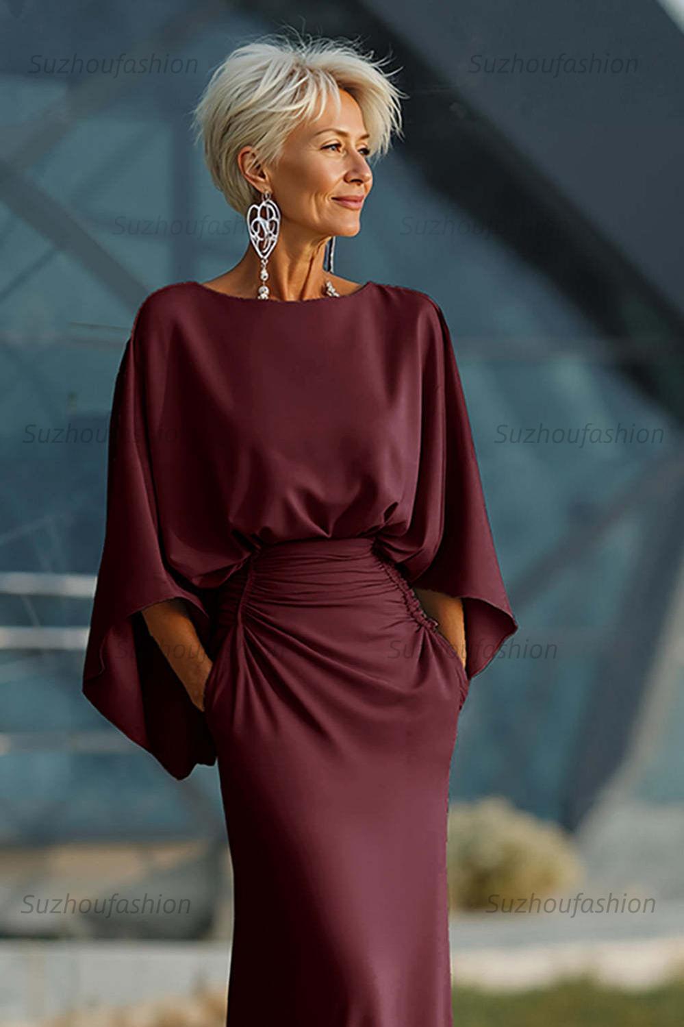 Navy Satin Mermaid Backless Long Mother Of The Bride Dress With Pockets