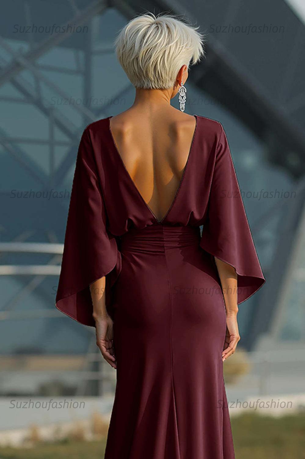 Navy Satin Mermaid Backless Long Mother Of The Bride Dress With Pockets